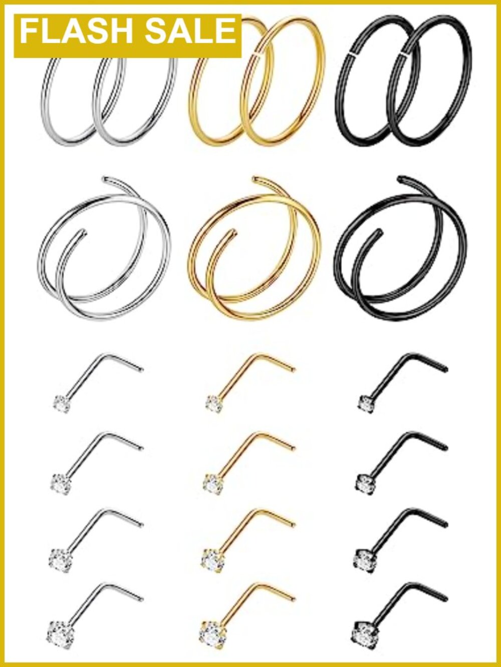 21pc 316L Stainless Steel Nose Rings Hoop CZ Nose Stud Piercing Jewelry Set